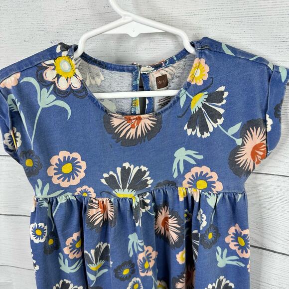 Tea Girls size 3 Floral Printed Short Sleeve Skater Twirling Cotton Dress Blue - Picture 3 of 9